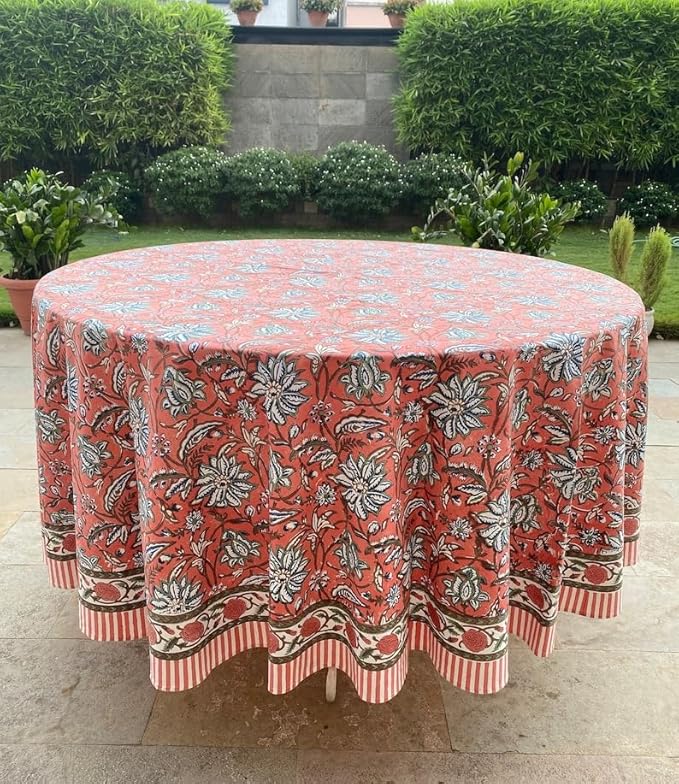 Ridhi Round Tablecloth Hand Block Print 100% Cotton Reusable Peach and Berry Blue 120 Inch Table Cover Decorative Everyday Use for Dining, Home, Farmhouse Gift for Spring, Mother's Day