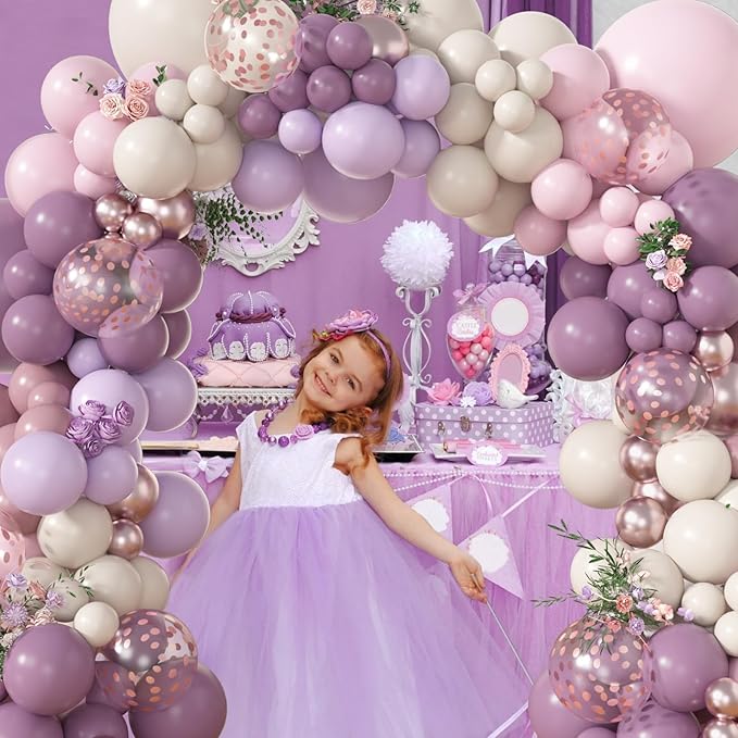 Amandir 173Pcs Dusty Purple Balloon Arch Garland Kit, Double-stuffed Pink White Sand Lavender Lilac Light Purple Rose Gold Confetti Balloons for Bridal Shower Wedding Birthday Party Decorations