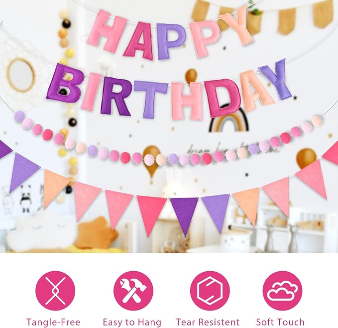 CANREVEL Pre-Strung 3D Rainbow Happy Birthday Banner, 3 PCS Happy Birthday Felt Sign, Pom Pom Garland, Triangle Fabric Bunting, Colorful Reusable Birthday Decorations for Women Men Girls Boys, Purple