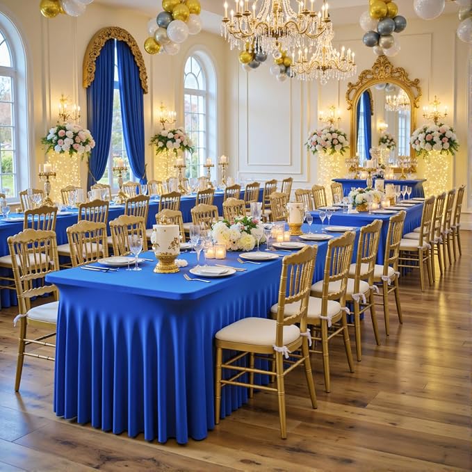 2 Pack Royal Blue Spandex Table Clothes for 8 Foot Rectangle Tables, Wrinkle Free Fitted Table Cover 8ft Stretch Tablecloths with Skirt for Parties Weddings Birthday Banquet Baby Shower