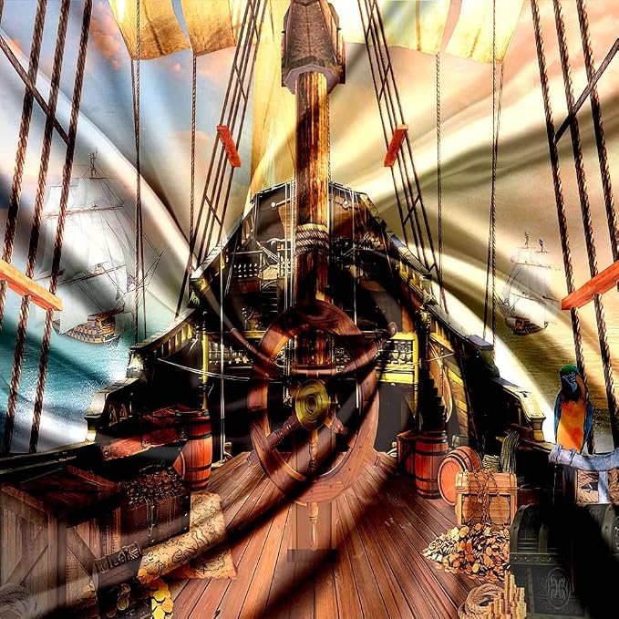 Pirate Ship Backdrop for Photography Nautical Treasure Map Old Wooden Deck Kids Boys Happy Birthday Supplies Baby Shower Decorations Banner Background Photo Studio Booth Props 8X6FT