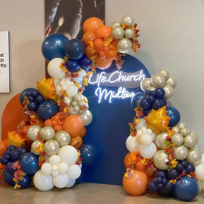 Fall Balloon Arch Kit, 129pcs Burnt Orange Retro Navy Blue White Sand Metallic Gold Fall Color Balloon Garland Arch for Birthday Harvest Autumn Thanksgiving Baby Shower Party Decorations