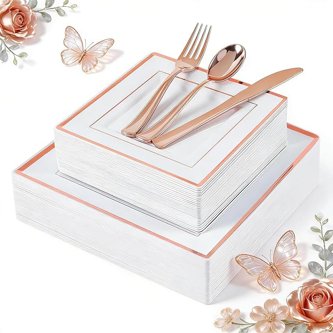 WDF 125pcs Rose Gold Plates with Disposable Silverware - Plastic Plates Dinnerware Include 25Dinner Plate,25 Salad Plate,25 Forks,25 Knives,25 Spoons for Wedding Party Birthday Mother's Day