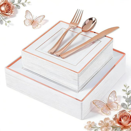 WDF 125pcs Rose Gold Plates with Disposable Silverware - Plastic Plates Dinnerware Include 25Dinner Plate,25 Salad Plate,25 Forks,25 Knives,25 Spoons for Wedding Party Birthday Mother's Day