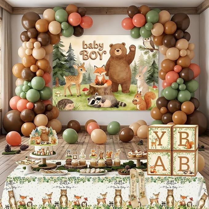 Woodland Baby Shower Decorations 140 PCS, Forest Animals Theme Party Supplies with 7x5ft Backdrop, Tablecloth, Balloon Arch Kit, Cake Toppers, Boxes, Mom to Be Sash, Baby Boy Shower Decorations