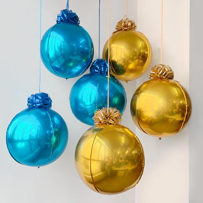 6 Pack Royal Blue and Gold 4D Orb Balloons - 22 Inch Large Metallic Sphere Mylar Balloons with Pull Bows, Hanging Ceiling Decorations for 2026 Graduation, Father's Day, Men's Birthday Party