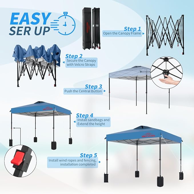 8x8 Pop Up Canopy, Easy Up Canopy Tent, Heavy Duty Tents for Parties, One Person Easy Set Up Event Tent, Light Blue