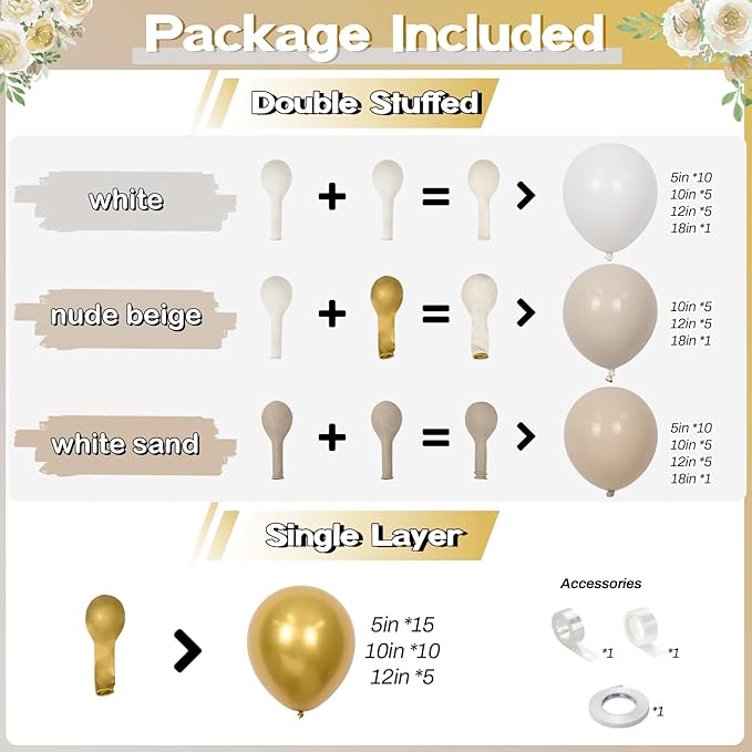 White Sand Gold Balloons Arch Double Stuffed, Cream Nude Beige Metallic Gold Balloons Garland, White Neutral Latex Balloon for Boho Baby Shower Birthday Anniversary Graduation Communion Party Decor