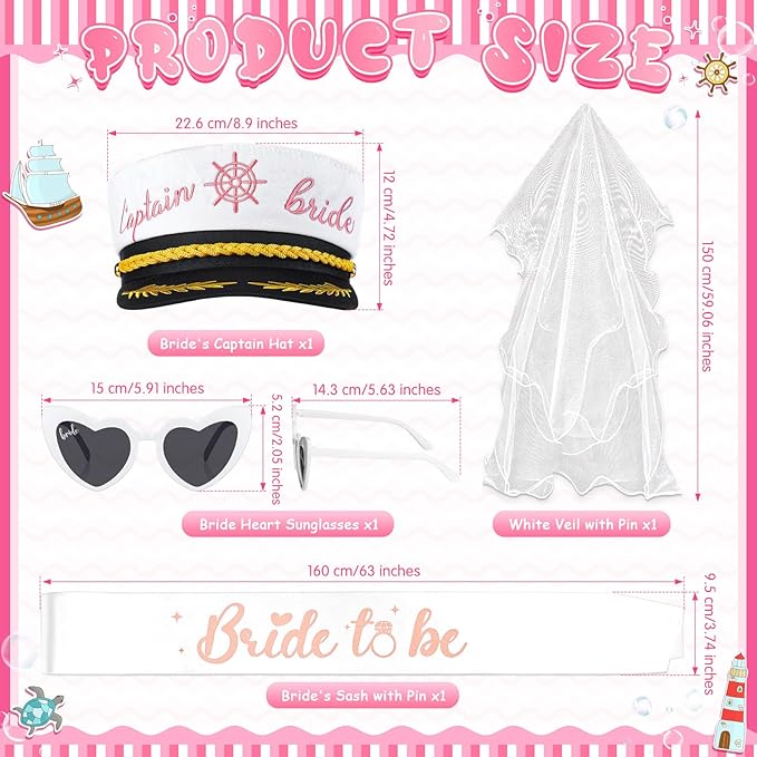 JaGely Bride Captain Hat with Veil, Bachelorette Sash & Sunglasses for Bridal Shower Bachelorette Party Decor Accessories(Bride to Be)