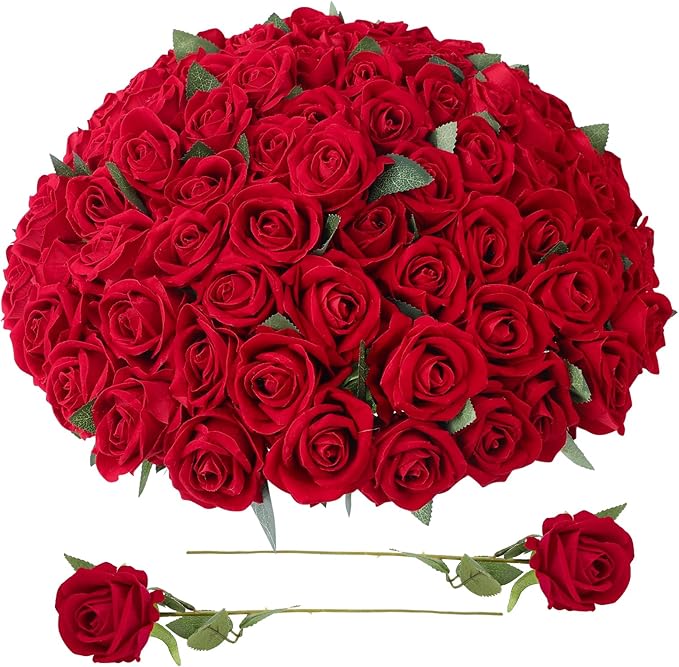 90 Pcs Red Velvet Rose Artificial Flowers, 51cm Silk Wedding Fake Silk Roses Florals for Centerpieces DIY Bouquet Party Arrangement Bridal Home Decor