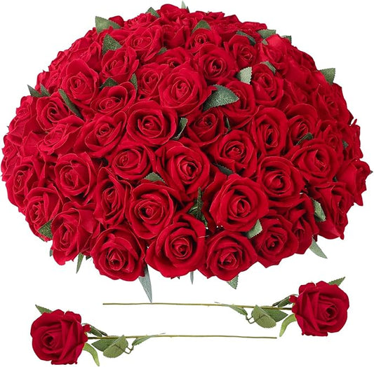 90 Pcs Red Velvet Rose Artificial Flowers, 51cm Silk Wedding Fake Silk Roses Florals for Centerpieces DIY Bouquet Party Arrangement Bridal Home Decor