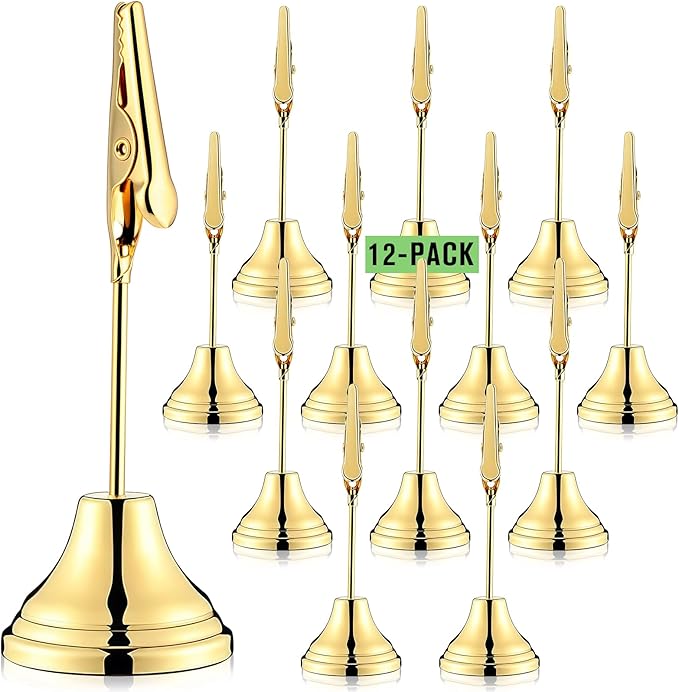 Skyygemm 12 Pcs Table Number Holders 3 Inch Place Card Holder with Alligator Clip Metal Table Card Holders Table Number Stands Table Sign Holders for Photos, Food Signs, Birthdays, Weddings (Gold)
