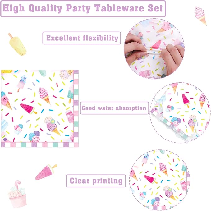 chiazllta 96Pcs Sweet One Ice Cream 1st Birthday Party Paper Plates and Napkins Supplies, Ice Cream First Birthday Tableware Decorations for Party Favors 24 Guests