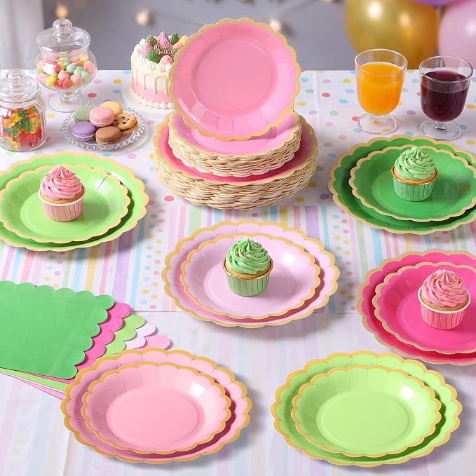Zhehao 150 Pcs Summer Guava Plates and Napkins Tableware Serves 50 Includes 9 Inch 7 Inch Pink and Green Scalloped Wave Edges Paper Plate and Napkins for Wedding Birthday Baby Shower Party