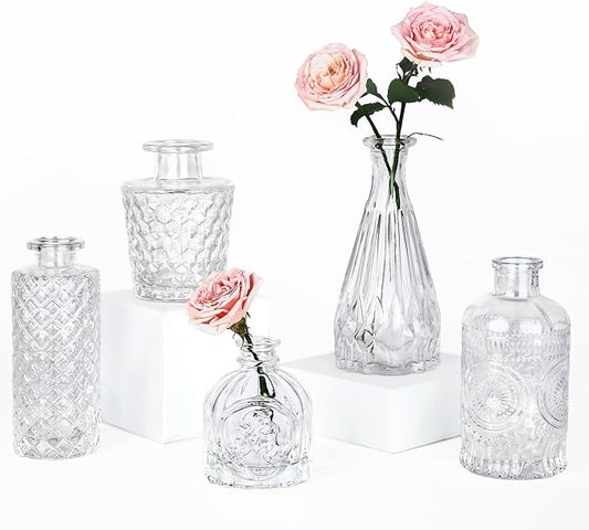 TBWIND Glass Bud Vase Set of 5, Small Clear Flower Vases for Centerpieces in Bulk, Mini Vintage Vase for Wedding Decor, and Home Table Décor