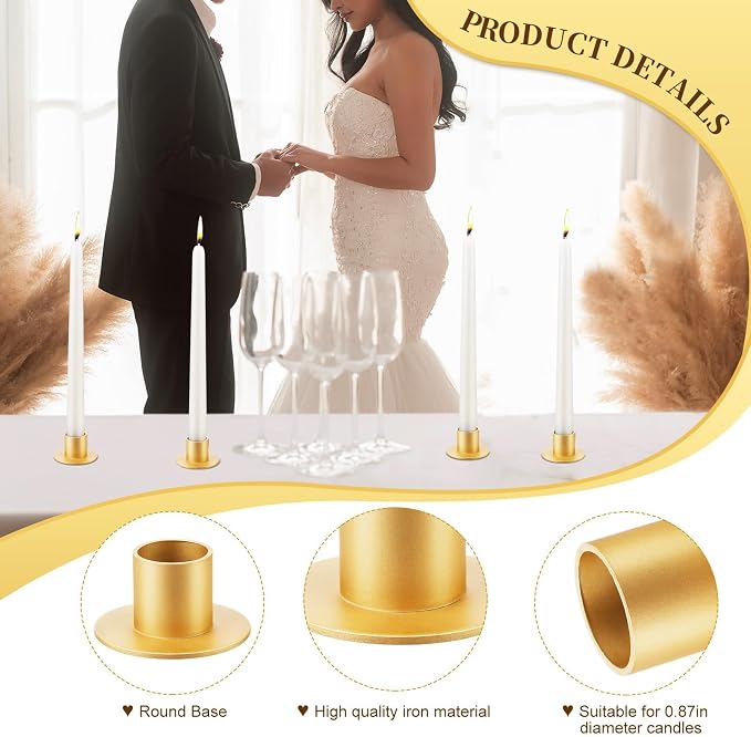 12 Pcs Gold Metal Taper Candle Holders Bulk for Wedding Pillar Candles Taper Candlesticks Holders Centerpieces Short Candle Stick Dinner Decor for Party Anniversary Dinning Table Gift (12, Gold)
