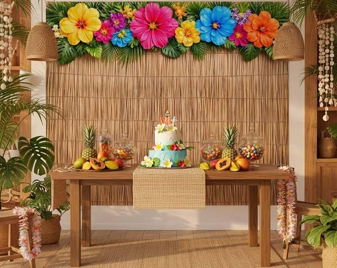 10x8ft Tropical Hawaiian Reed Backdrop, Summer Beach Hibiscus Flower Luau Party Vinyl Photograph Background with Palm Leaves for Aloha Bar Decor, Photoshoot, Birthday Party Supplies