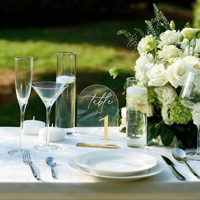 Crystal Clear Acrylic Wedding Table Numbers 1-15 Set, Self-Standing Modern Arched Signs for Reception Seating, Anniversary & Bridal Shower, Elegant Wedding Decor (5x7 Inches)