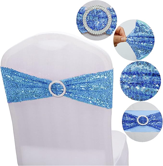 Dimatic 10 PCS Stretch Sequin Chair Sashes Chair Stretchy Spandex Bands for Wedding Reception Events Banquets Chairs Decoration (Azure)