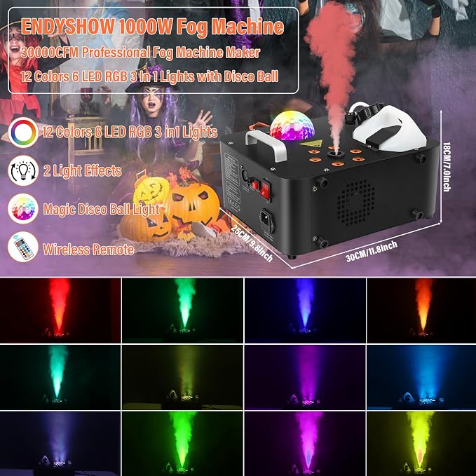 Fog Machine,1000W DJ Smoke Machine Maker with Disco Ball&6 RGB LED Lights Produce 30000 CFM Smoke Vertically or Horizontally by Remote Control for DJ Party Wedding Stage Show Lighting