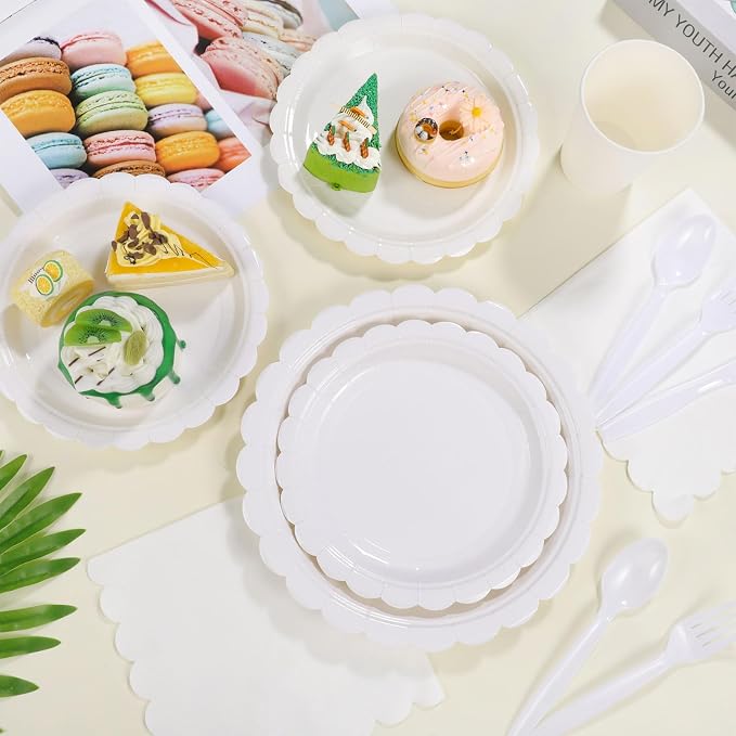 350 Pcs White Paper Plates and Napkins, 50 Guest White Party Supplies Include Scalloped Plates Paper Napkin Cup Plastic Spoon Fork Knive for Baby Shower, Wedding, Birthday