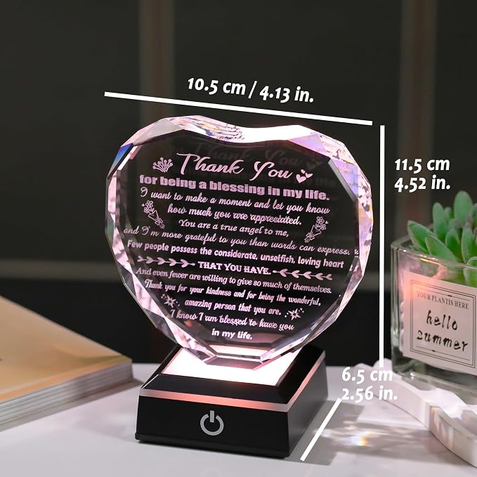 Arikyrist Thank You Gifts for Women Men Heart Shaped Crystal Plaque with LED Light Base Appreciation Gifts for Teacher Nurse Doctor Coworker Boss Inspirational Home Desk Decor