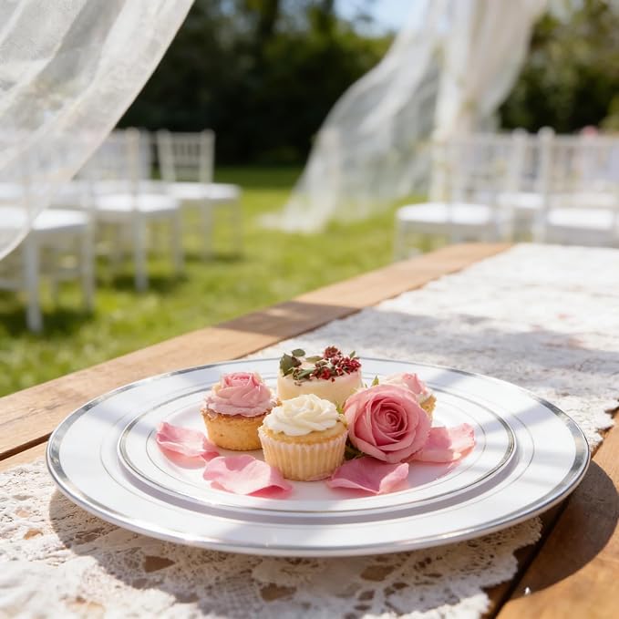 FLOWERCAT 60PCS Silver Plastic Plates - Heavy Duty White and Silver Plastic Plates Disposable - Include 30PCS 10.25inch Dinner Plates and 30PCS 7.5inch Dessert Plates for Wedding&Birthday Party