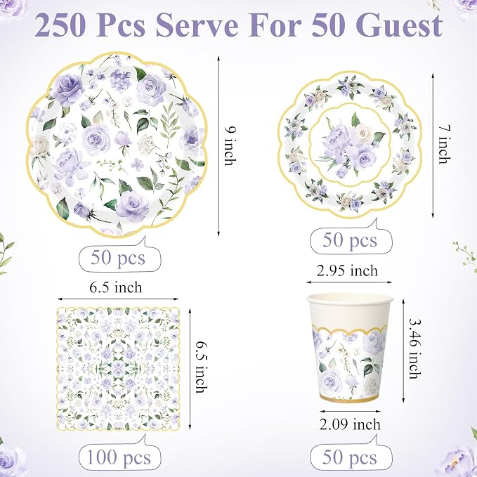 Funnymoom 250 Pcs Floral Party Decoration Flower Paper Plates Napkins and Cups Purple and Gold Floral Disposable Tableware Set for Bridal Shower Baby Shower Wedding Spring Tea Party Supplies Serves 50
