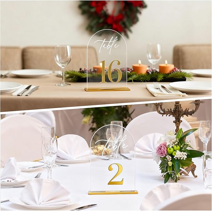 Arch Wedding Table Numbers 1-25 with Stands,5 x 8 Inch Transparent Acrylic Reception Table Signs Golden Letters,Perfect for Wedding Receptions, Parties, Anniversaries, and Events (1-25 golden)