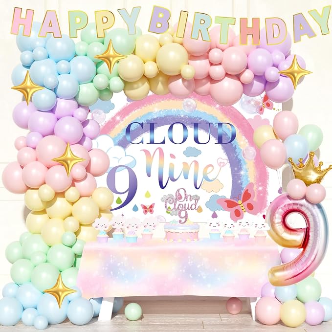 on Cloud 9 Birthday Decorations for Girl – 124 PCs Cloud Themed Nine Birthday Party Supplies with Backdrop, Balloon Garland, Banner, Tablecloth, Cake Topper, Cupcake Topper
