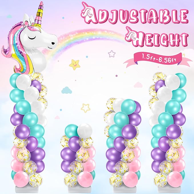 Kasyat 2 Set Unicorn Party Balloon Column Stand Kit with 2 Unicorn Balloons 100 Latex Balloons, Adjustable Balloon Stands Party Supplies for Wedding Baby Shower Birthday