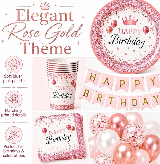 212Pcs Pink Birthday Party Supplies Set, Disposable Plates Napkins Cups Cutlery Tableware Kit with Balloons Banner Tablecloth, Serve 24 Guests for Girls Women Baby Shower Decorations