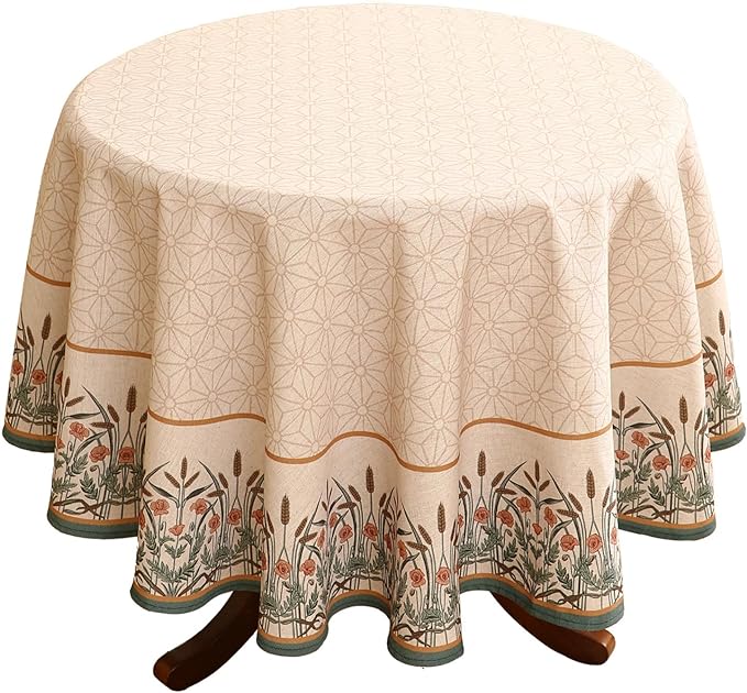 patdrea Vintage French Linen Tablecloth,Round,Diameter 67"-Cudillero | Elegant Floral Table Cloth for Round Table,Natural Beige Block Print,for Dining Room Tea Party Thanksgiving