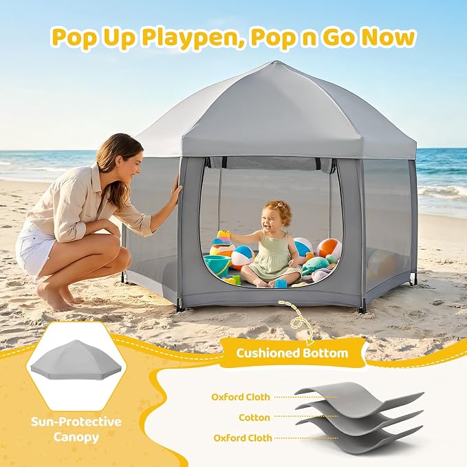 Dripex Pop Up Playpen w/t Built-in Pad & One-Click Safe Lock, Foldable Indoor/Outdoor Baby Playpen w/t Removable Canopy &Roll-Up Door & Top Mesh Window, Travel Pop and Go Beach Play Pen for Baby Grey