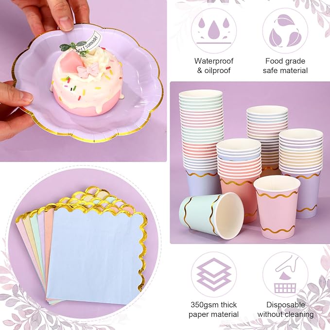 Yungyan 216 Pcs 72 Guest Pastel Paper Plates and Napkins Sets Pastel Party Supplies Gold Foil Scalloped 6" Plates 9 oz Cups Disposable Tableware Set for Birthday Wedding Baby Shower Supplies