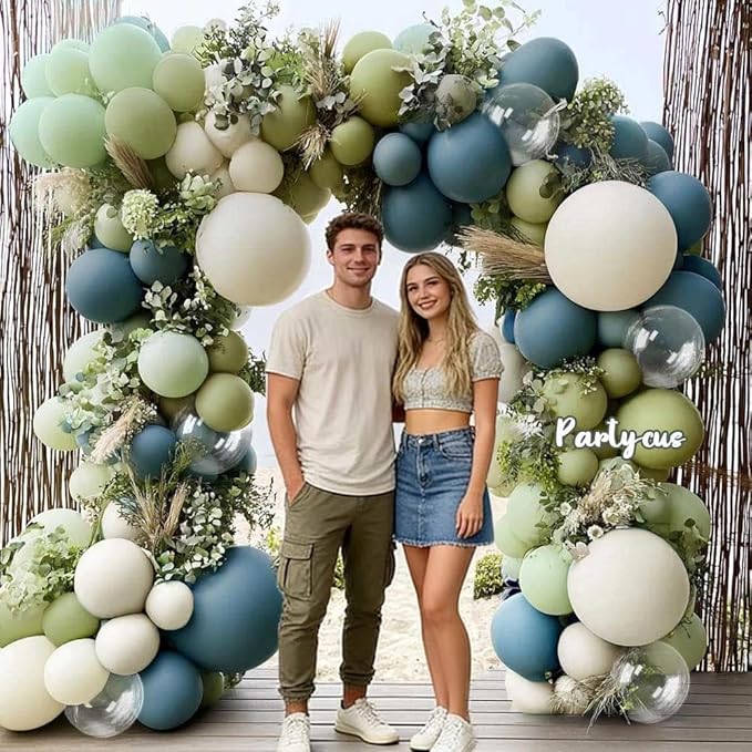 Blue Green Balloon Arch Kit Double Stuffed Dusty Mint Green Slate Blue White Pastel Olive Balloon Garland with Clear Bobo for Baby Shower Bridal Wedding Birthday Goose Easter Valentines Party Decor