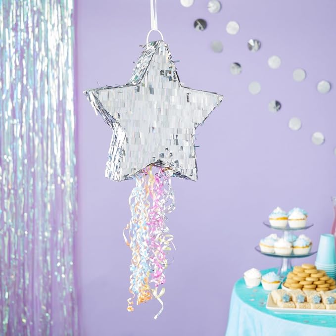 Sparkle and Bash Star Pinata with Pull Strings - Silver, 13 x 13 x 3 in - Space Theme Birthday Decoration & Baby Shower Supply - Pinatas with Pull Strings for Kids & Adults
