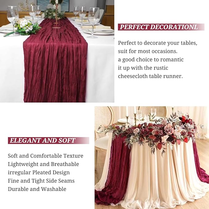 8 Pack Cheesecloth Boho Gauze 35120 Inch Rustic Romantic Long Table Runner for Wedding Party Bridal Shower Thanksgiving Christmas Decoration (Burgundy)