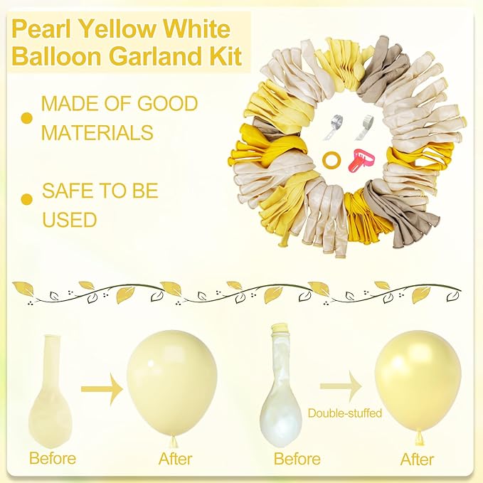 Amandir 173 Pcs Yellow Balloon Arch Kit, Double Stuffed Pastel Light Yellow Pearl White Sand Clear Balloons for Bee Lemon Wedding Bridal Shower Engagement Anniversary Birthday Party Decorations