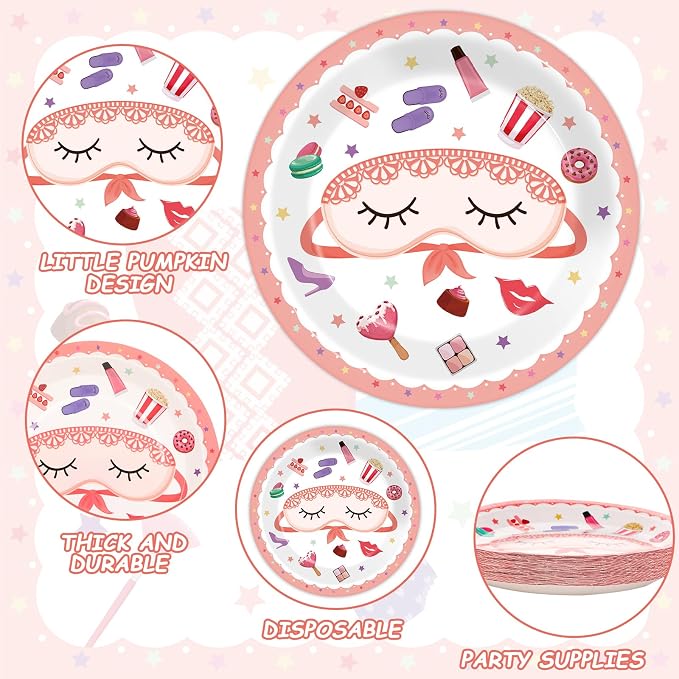 Pajama Party Plates Napkins Sleepover Tableware Set - Spa Party Dinnerware Slumber Cutlery for Girls - Disposable Decoration for 24 Guests