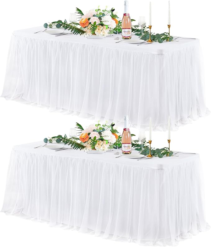 2 Pack White Tulle Tablecloths for 6 Foot Rectangular Tables, 6ft Wrinkle Free Spandex White Table Cover with Tutu Skirt for Wedding Bridal Shower Birthday Party Banquet Baby Shower Events Decorations