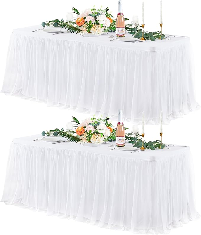 2 Pack White Tulle Tablecloths for 8 Foot Rectangular Tables, 8ft White Tulle Table Skirt, Wrinkle Free Table Cover with Tutu Skirt for Wedding Bridal Shower Birthday Party Banquet Buffet Cake Event