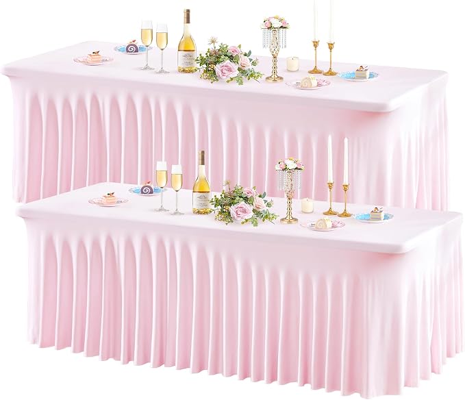 Wish Care 2 Pack Pink Spandex Table Clothes for 8 Foot Rectangle Tables, 8FT Wrinkle Free Fitted Tablecloths Ruffles Design Table Cover for Party, Banquet, Wedding and Events