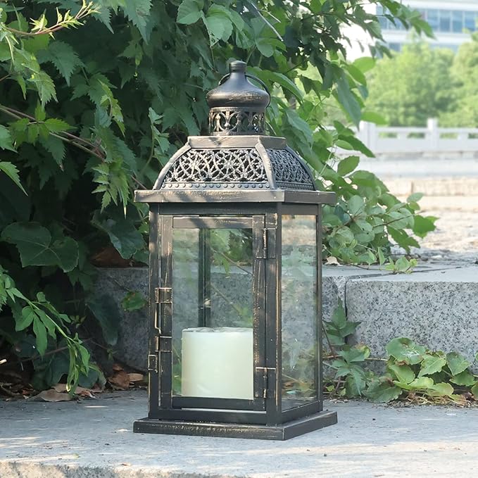 Lanterns Decorative Indoor&Outdoor, 14.4'' Large Black Square Hanging Lanterns, Vintage Metal Candle Holder for Outdoor Patio Front Door Porch Wedding Party Decor