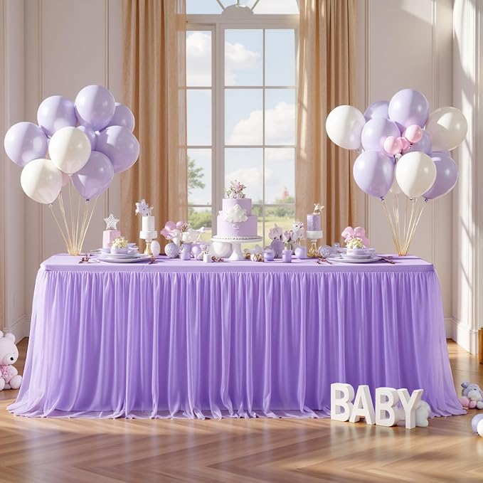 Purple Tablecloth Rectangle 8 Foot Stretch Elastic Fitted Tulle Ruffle Lavender Tablecloths Rectangular Spandex Table Covers 8ft Birthday Baby Shower Wedding Party Table Cloths with Skirt