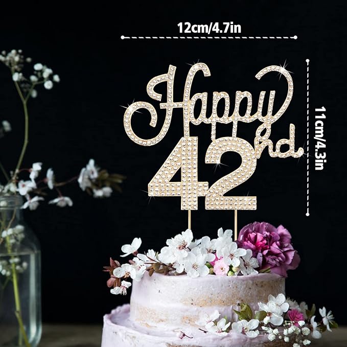 LINGTEER Happy 42nd Birthday Gold Rhinestone Cake Topper - Cheers to 42nd Birthday 42 Years Old Anniversary Party Cake Centerpieces Topper Decorations Gift Sign.