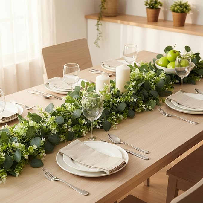 8 Pcs 5.9Ft Eucalyptus Garland, Artificial Eucalyptus Leaves with Flowers Faux Table Greenery Garland Fake Wreath Vines Decoration for Centerpiece, Wedding, Arch, Wall, Stair, Party