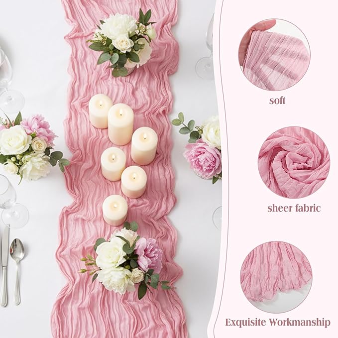 LemonRoad 4 Pcs 20ft Cheesecloth Table Runners Extra Long Boho Rustic Gauze Fabric Cheese Cloth Runner for Wedding Decorations Baby Shower Party Supplies Boho Table Bridal Shower Decor (Dusty Pink)