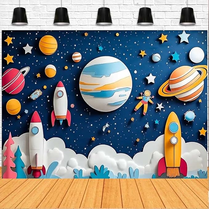 Outer Space Birthday Backdrop Cartoon Rocket and Planets Photography Banner Universe Galaxy Stars Boy Girl Newborn Baby Shower Background First Birthday Backdrop for Boys (A, 5x3feet)