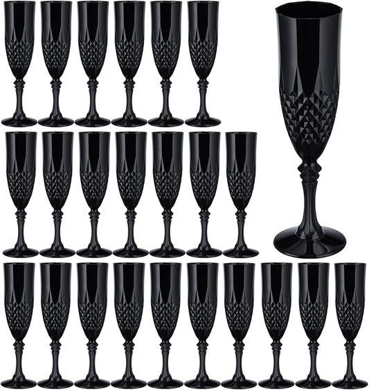 7.1OZ Plastic Champagne Flutes,24PCS Black Glassware Wine Glasses Goblets Shatterproof Mimosa Bar Reusable Vintage Champagne Flutes Stemmed Drinking Cups for Weddings ,Parties, Toasting,Halloween